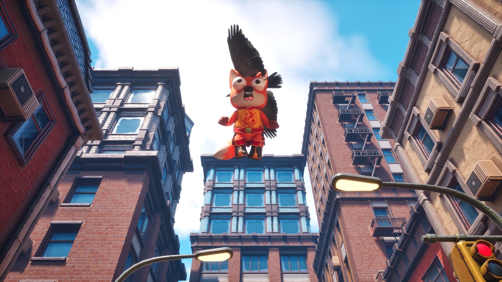 Foxalotのスクリーンショット:街の上空でキツネを運ぶカラス